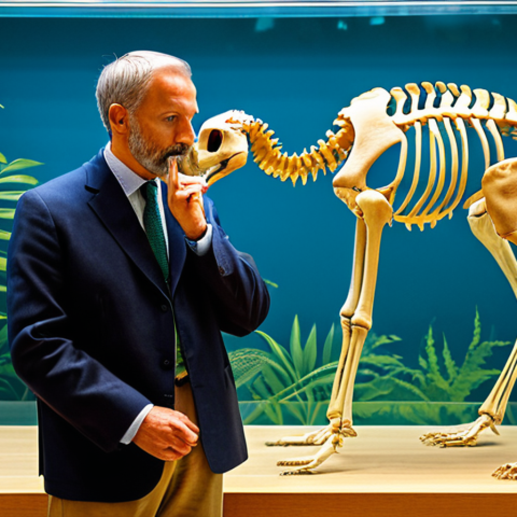 A perfectly reconstructed dodo skeleton, prominently displayed behind clear glass in a modern, well-lit museum exhibit. The background features a tasteful, recreated diorama of a lush, ancient forest habitat. An adult museum visitor, fully clothed in modest, professional attire, stands observing the exhibit with a contemplative expression. The image conveys a sense of historical significance and respect for nature. Professional museum photography, high resolution, sharp focus, natural colors, realistic textures, perfect anatomy, correct proportions, natural pose, well-formed hands, proper finger count, safe for work, appropriate content, family-friendly.