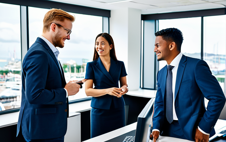 A group of diverse adult professionals, including men and women, collaborating in a modern, high-tech office environment. They are wearing professional business attire, including suits, blazers, and modest smart casual wear. The background features sleek computer workstations, digital displays, and a blurred view of the Port Louis cityscape, conveying innovation and teamwork. Professional photography, high resolution, fully clothed, appropriate attire, modest clothing, safe for work, appropriate content, family-friendly, perfect anatomy, correct proportions, natural pose, well-formed hands, proper finger count, natural body proportions.