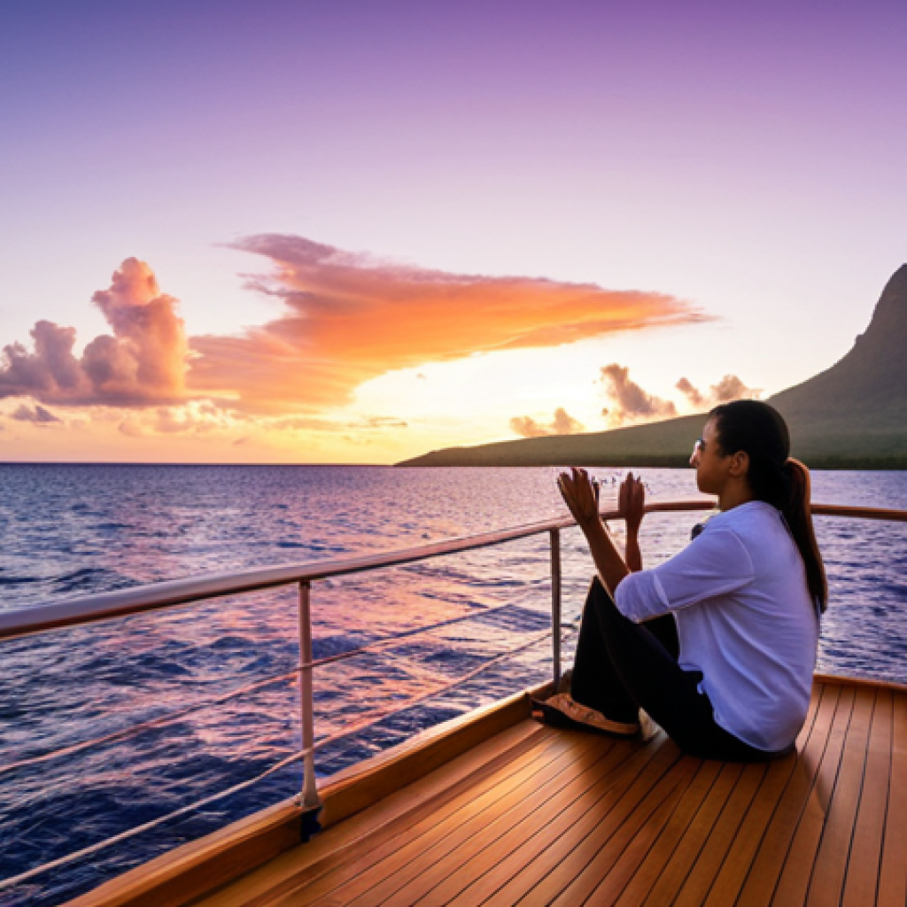 An adult couple, fully clothed in modest attire, seated on the deck of a luxurious private catamaran, observing a breathtaking sunset over the tranquil Indian Ocean in Mauritius. The sky above is ablaze with fiery hues of orange, pink, and purple, reflecting on the calm water. Distant lush green mountains of the island are softly visible. Professional travel photography, high-resolution, sharp focus, natural lighting, safe for work, appropriate content, fully clothed, professional, perfect anatomy, correct proportions, natural pose, well-formed hands, proper finger count, natural body proportions.