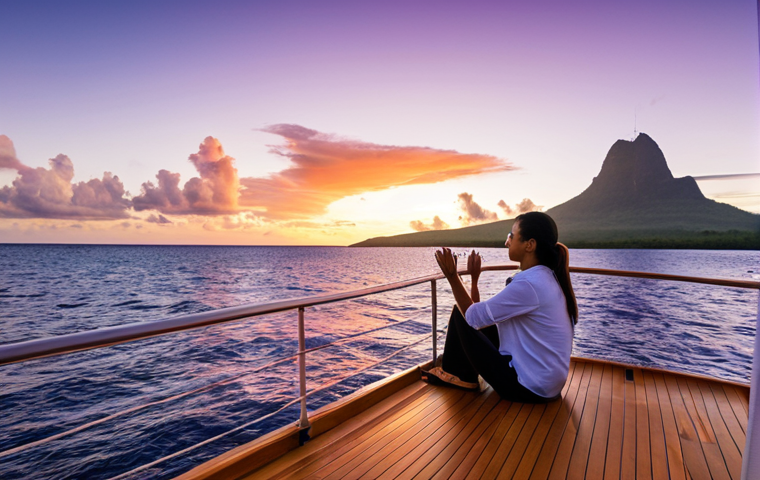 An adult couple, fully clothed in modest attire, seated on the deck of a luxurious private catamaran, observing a breathtaking sunset over the tranquil Indian Ocean in Mauritius. The sky above is ablaze with fiery hues of orange, pink, and purple, reflecting on the calm water. Distant lush green mountains of the island are softly visible. Professional travel photography, high-resolution, sharp focus, natural lighting, safe for work, appropriate content, fully clothed, professional, perfect anatomy, correct proportions, natural pose, well-formed hands, proper finger count, natural body proportions.