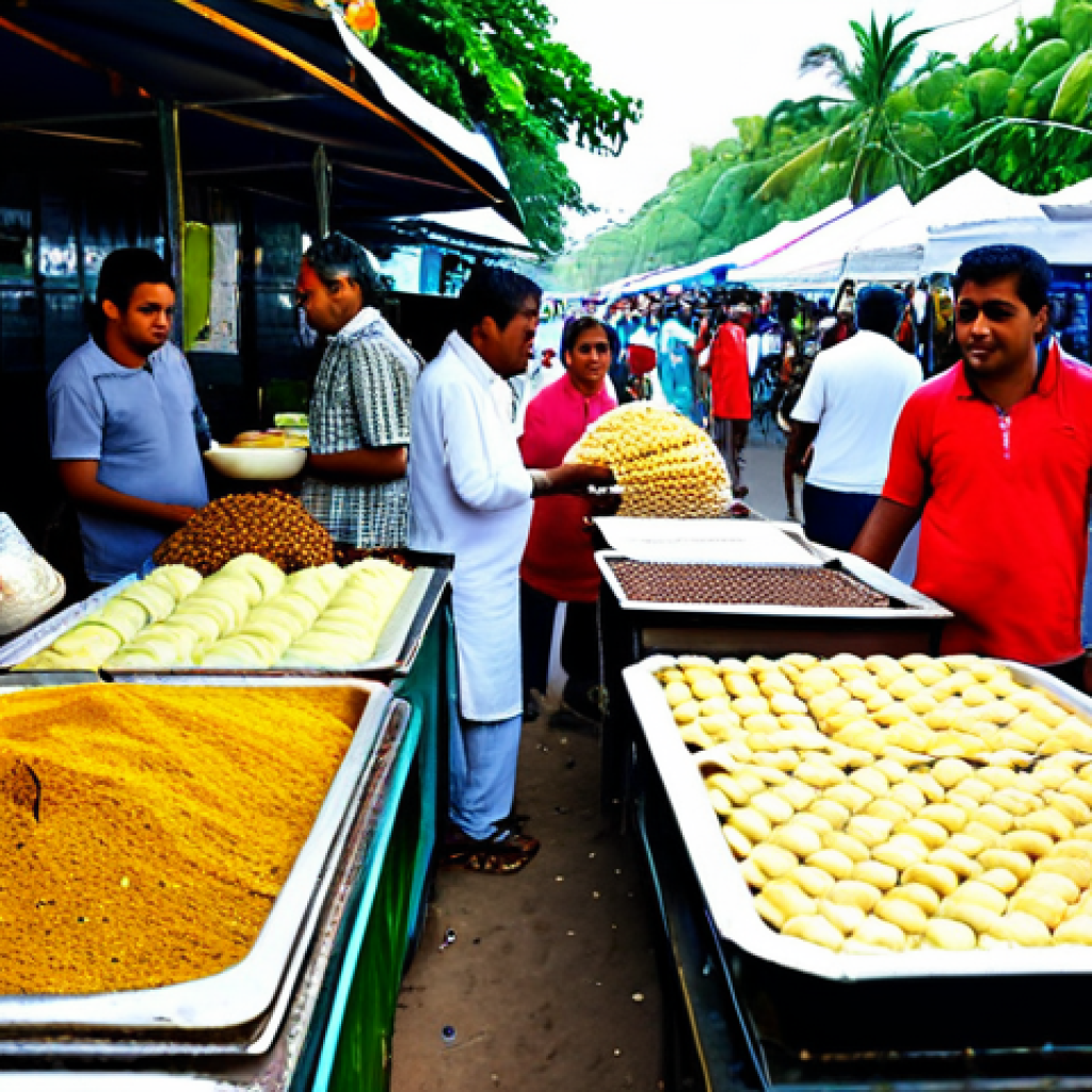 Bustling Mauritian Street Food Market**

"A vibrant and colorful scene at a safe for work Mauritian street food market. Vendors are selling dholl puri and gateaux piments from their stalls. People are fully clothed, wearing modest, appropriate attire, sampling the food. Baskets of spices and fresh produce are visible. The atmosphere is lively and bustling. Perfect anatomy, natural poses, correct proportions. Professional photography, high quality, appropriate content, family-friendly."

**