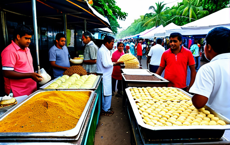 Bustling Mauritian Street Food Market**

"A vibrant and colorful scene at a safe for work Mauritian street food market. Vendors are selling dholl puri and gateaux piments from their stalls. People are fully clothed, wearing modest, appropriate attire, sampling the food. Baskets of spices and fresh produce are visible. The atmosphere is lively and bustling. Perfect anatomy, natural poses, correct proportions. Professional photography, high quality, appropriate content, family-friendly."

**