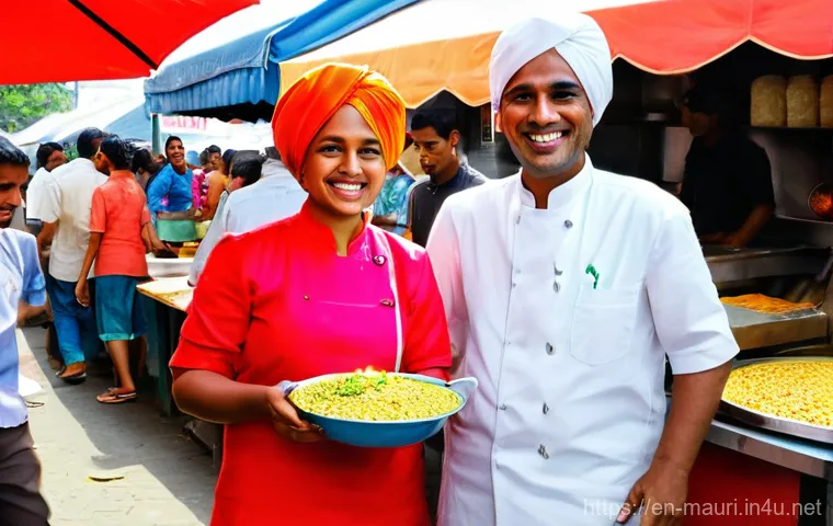 모리셔스 인종 구성 - **Prompt: "A bustling, sun-drenched street food market in Port Louis, Mauritius, filled with diverse...