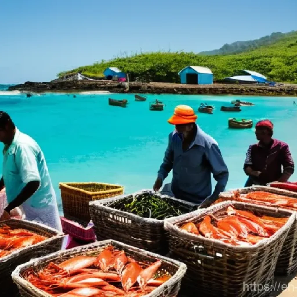 모리셔스 해산물 요리 - **A Vibrant Mauritian Fish Market at Dawn:**
A bustling and authentic Mauritian fish market scen...