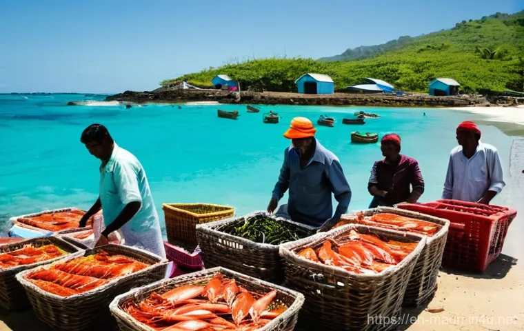 모리셔스 해산물 요리 - **A Vibrant Mauritian Fish Market at Dawn:**
A bustling and authentic Mauritian fish market scen...