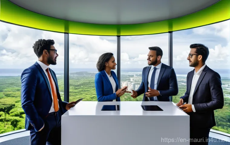모리셔스 비즈니스 기회 - **Prompt 1: Financial Services & Fintech Innovation in Mauritius**
"A diverse group of five prof...