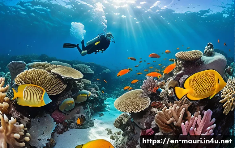 모리셔스 블루 베이 해양 공원 - A vibrant underwater scene showcasing a diverse coral reef garden with clear visibility exceeding 20...