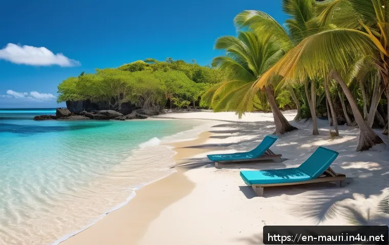 모리셔스 크루즈 여행 - A serene, hidden beach on Mauritius with pristine white sand gently curved along the coastline, fram...