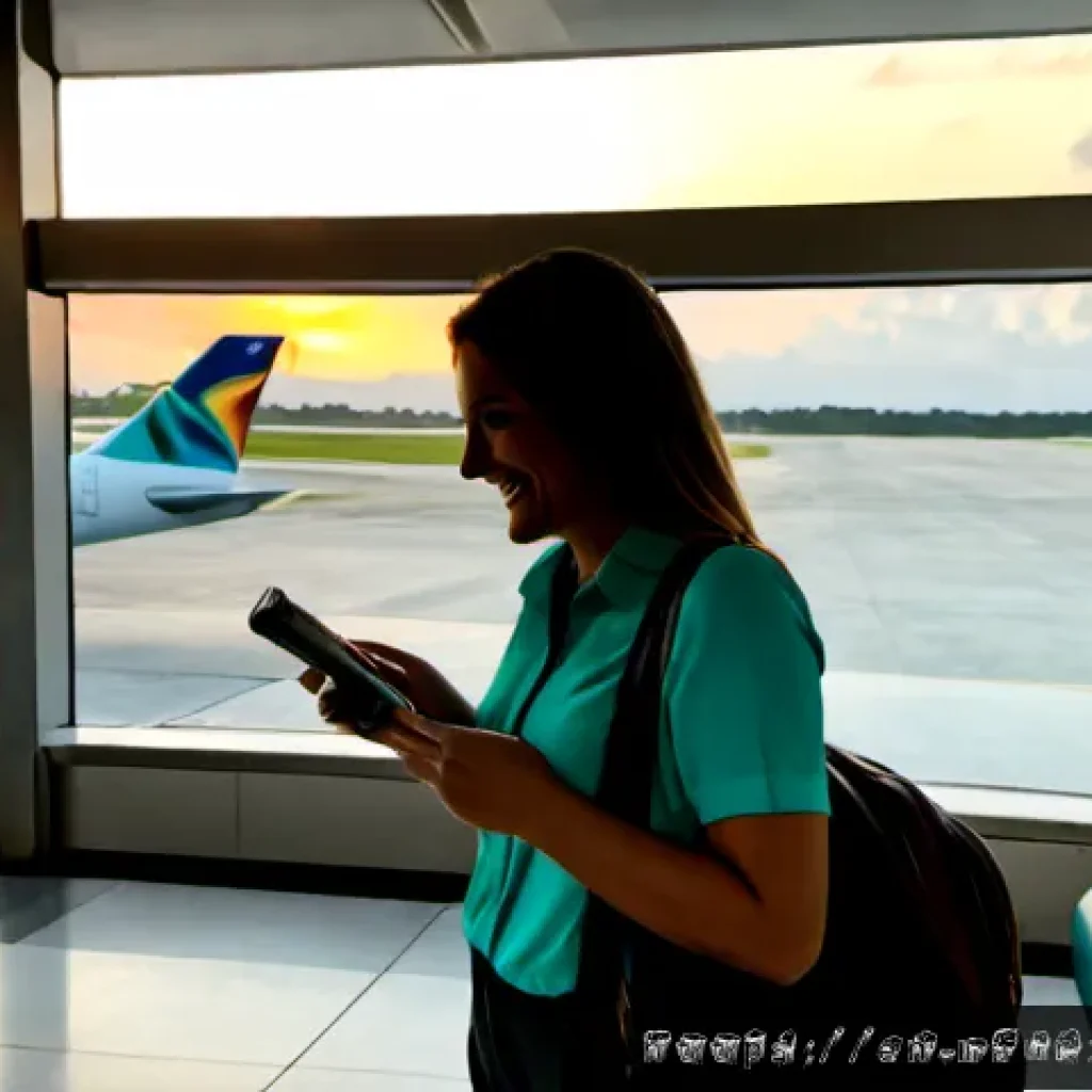 모리셔스 항공권 할인 - Photorealistic travel advertising scene at a modern airport departure lounge, a smiling adult travel...