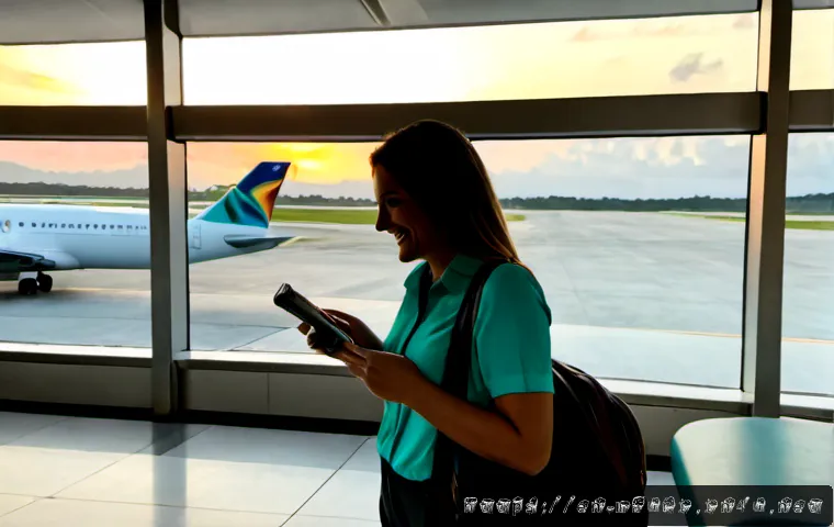 모리셔스 항공권 할인 - Photorealistic travel advertising scene at a modern airport departure lounge, a smiling adult travel...