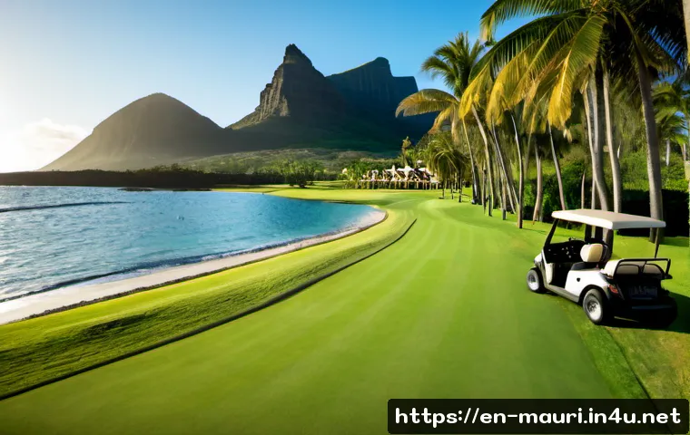 Home 17 모리셔스 골프 리조트 - Photorealistic wide-angle view of a luxury golf resort in Mauritius, immaculate emerald fairway roll...