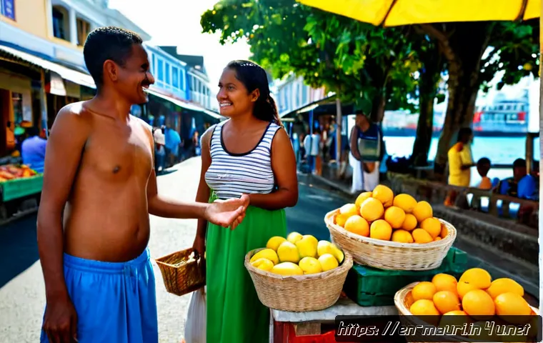 모리셔스 크리올어 - Photorealistic candid scene of a warm conversation in Mauritian Creole at a colorful Port Louis stre...
