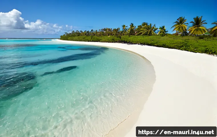 모리셔스 해변 추천 - Photorealistic wide-angle view of Belle Mare Beach, Mauritius, pristine white sand curving beside cl...